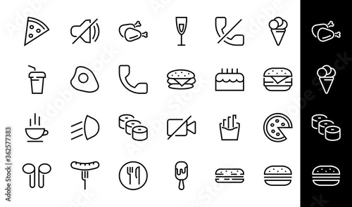 A simple set of fast food icons related to the vector line. Contains icons such as pizza, burger, sushi, bike, scrambled eggs and more. EDITABLE stroke. 480x480 pixels perfect, EPS 10