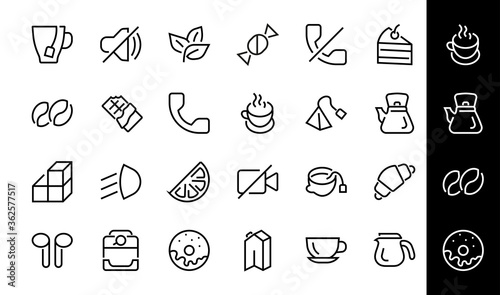 COFFEE and TEA LINEAR ICONS SET  contains Icons of tea  tea bag  Coffee machine  cake  sugar  teapot  cup  milk  cream  Lemon  chocolate bar  Editable stroke