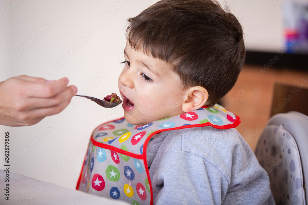 family, food, child, eating and parenthood concept - mother with natural food and spoon feeding little baby at home family, food, child, eating and parenthood concept - mother with natural food and spoon feeding little baby at home