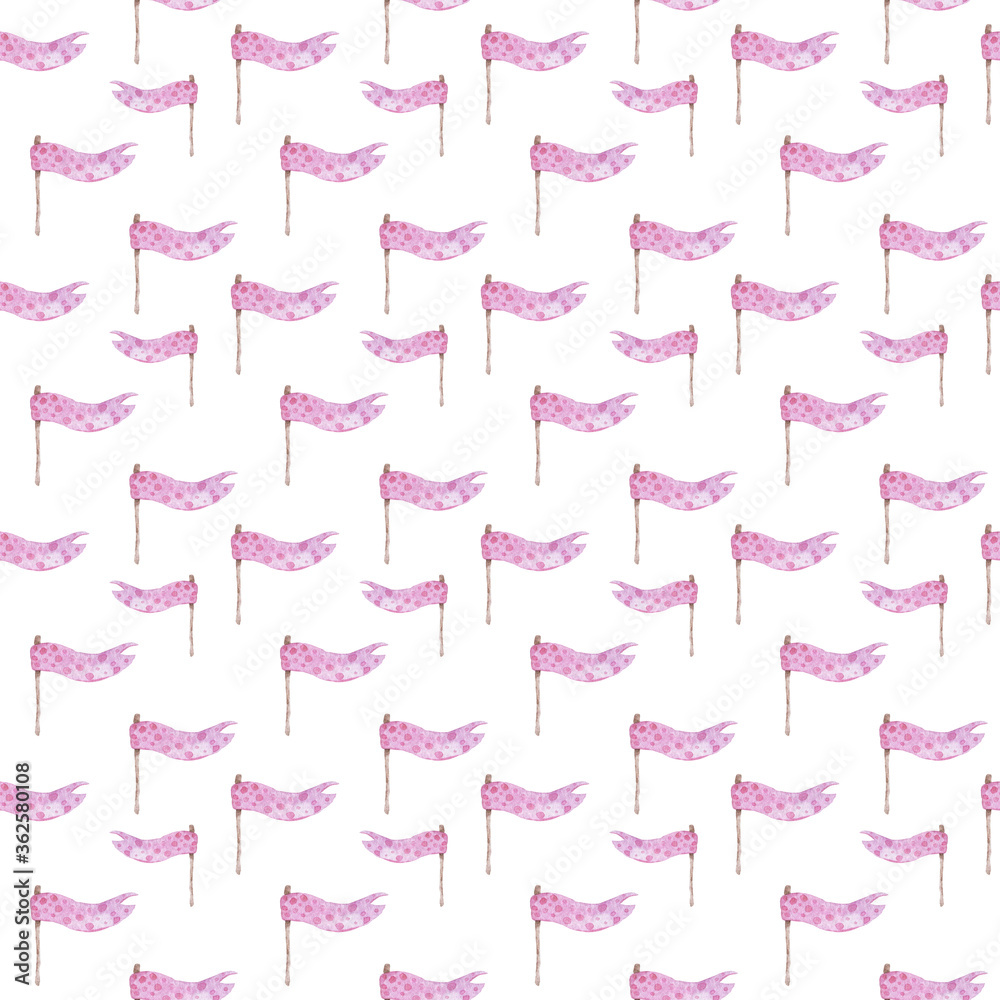 Seamless pattern with pink girlish bunting flags. Cute childish birthday ribbons on white background. Hand drawn watercolor flag For kid party Seamless pattern with pink girlish bunting flags. Cute childish birthday ribbons on white background. Hand drawn watercolor flag For kid party