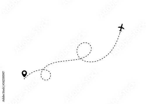 Airplane travel concept with map pins, GPS points. Flight start point concept or theme. Aircrafts and map pointer symbols vector illustration