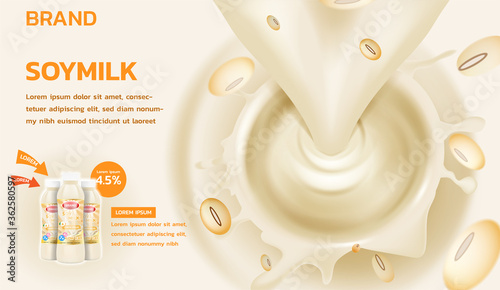 Pouring milk and soy bean. soy milk ad