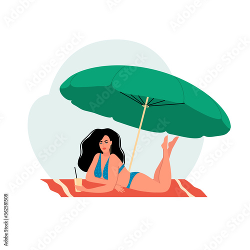 Image of a girl sunbathing on a beach under an umbrella. Summer character. Stock vector illustration. Isolated on a white background.