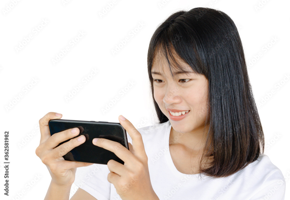 Woman hand holding smartphone mobile and touching screen isolated on white background Woman hand holding smartphone mobile and touching screen isolated on white background