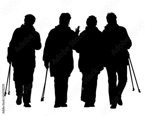 Older women with sticks for swedish walking. Isolated silhouettes on a white background