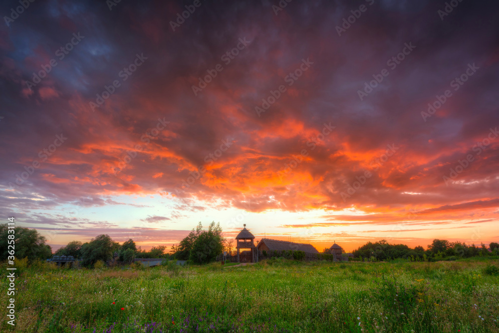 Beautiful sunset over the settlement of Trade Factory in Pruszcz Gdanski, Poland.