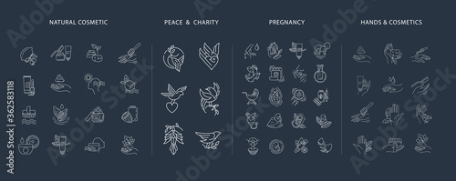 Vector icon and logo for pegnancy and gynecology, peace and charity, natural cosmetics. Editable outline stroke size. Line flat contour, thin and linear design. Simple icons. Sign, symbol