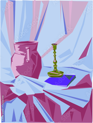 still life in the cubist style with the image of a jug and a candlestick, made in pastel colors