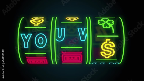 neon casino slot machine spinning, money flying after win combination and text you win