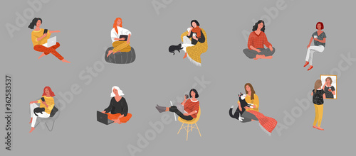 Set of beautiful girl character in daily life scenes. Young woman shopping, makes up, sleeping, relaxes, takes a bath, chooses clothes, drinking coffee. Flat cartoon vector
