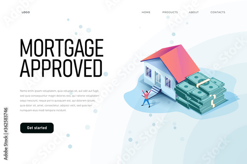Mortgage approved isometric illustration with house and bunch of money