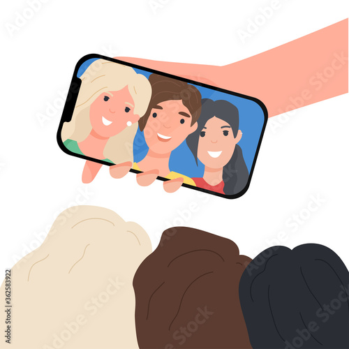 Group of three teenage friends taking a selfie with a smartphone. Young smiling man and women. People friendship concept. Colorful flat cartoon vector illustration isolated on white background