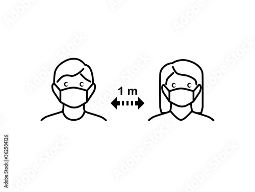Man and woman wearing a protective medical mask for prevent corona virus.People Keep Safe Distance 1 meter.New normal Concept.Human to protect from corona virus concept.Line Icon sign and symbol.