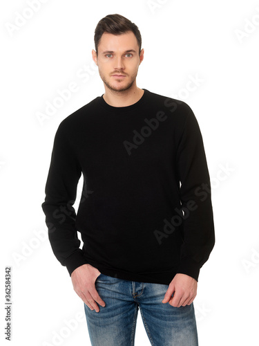Man in a black sweatshirt on a white background. Template of a black sweatshirt