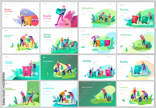 Landing page template with people Recycle Sort Garbage in different container for Separation to Reduce Environment Pollution. Family with kids collect garbage. Earth Day vector cartoon