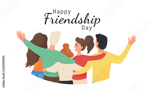 Happy friendship day web banner with group of young people hugging together from back side. Cheerful friends isolated on white background. Colourful flat cartoon vector illustration.