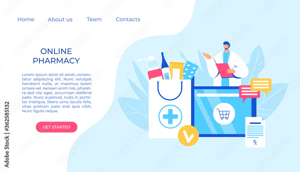 Online pharmacy concept. Pharmacist helps to collect an order on the site.