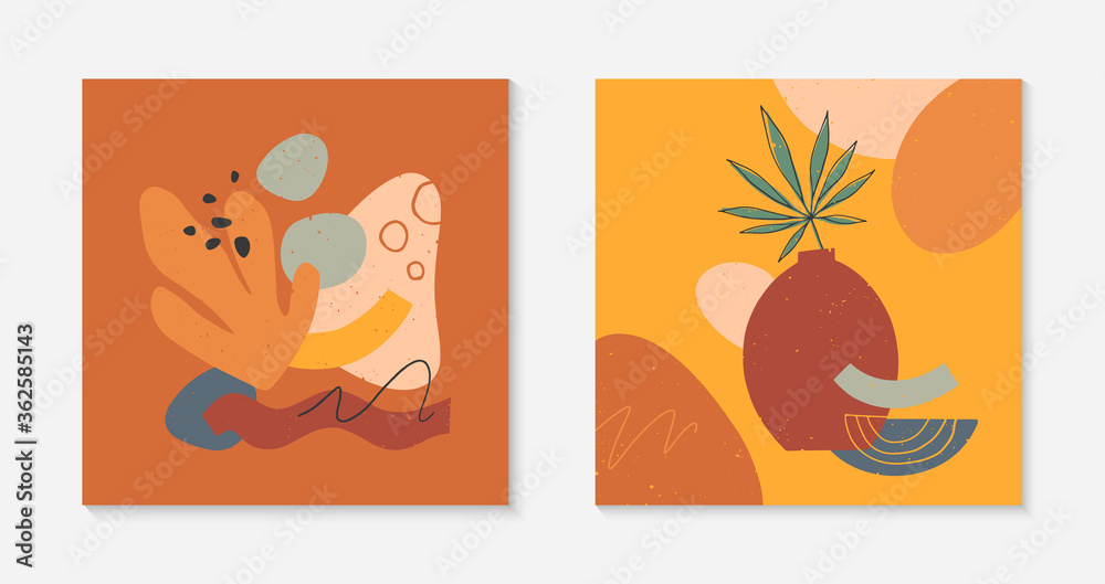 Set of art modern vector illustrations with vase,leaves,organic shapes and elements.Terracotta art prints.Trendy contemporary design perfect for  banners templates;social media,invitations;covers.