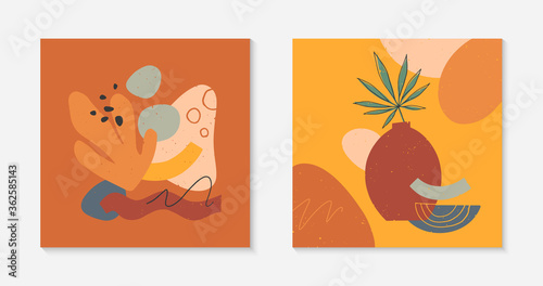 Set of art modern vector illustrations with vase leaves organic shapes and elements.Terracotta art prints.Trendy contemporary design perfect for  banners templates social media invitations covers.