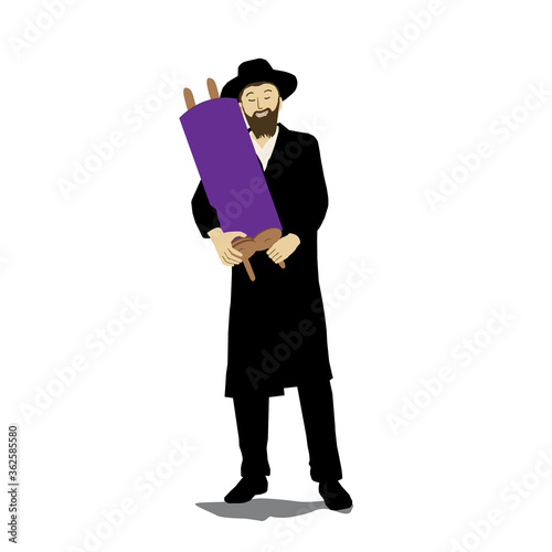 A painting of a chassid, Jew, torah observant, dancing and holding a Torah scroll.
Vector of Simchat Torah, a Jewish holiday.
The introduction of a Torah scroll.  photo