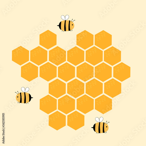 Honeycomb with cartoon bees on yellow background vector.