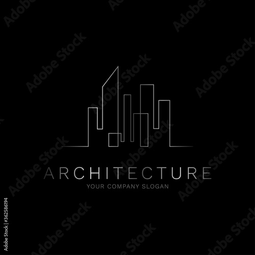 Luxury minimal silver object architecture building construction real estate company logo design on black background vector illustration