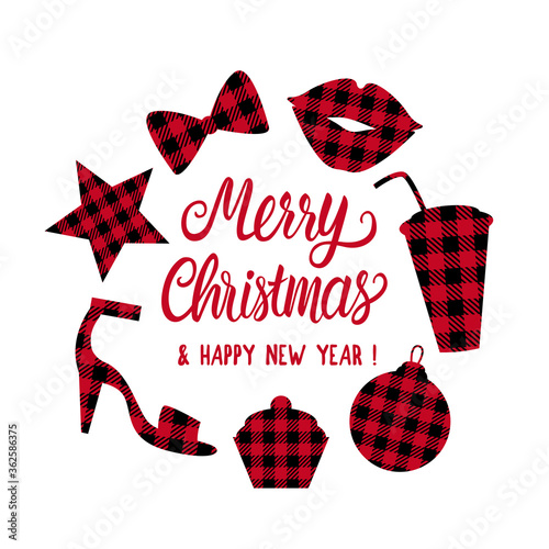 Merry Christmas frame with set shape cage red and black. Lips, christmas ball, star, slingbacks, cup, bow tie. Vector Winter holiday party design isolated on white background