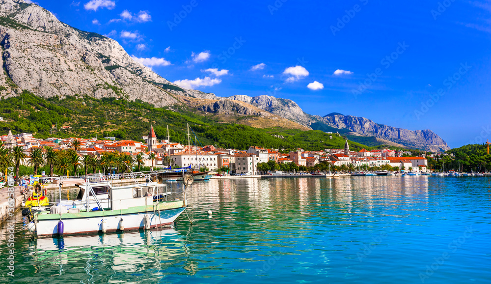 Famous Adriatic coast - Makarska riviera in Dalmatia. Town Makarska, promenade and marine