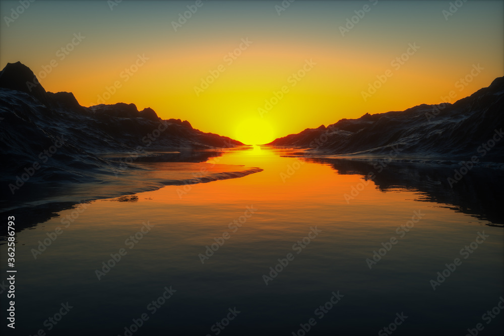 a sunset in the middle of the sea (3d rendering)
