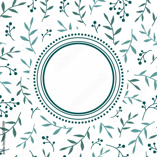 Round frame on floral background with blue berries sprigs and leaves on white