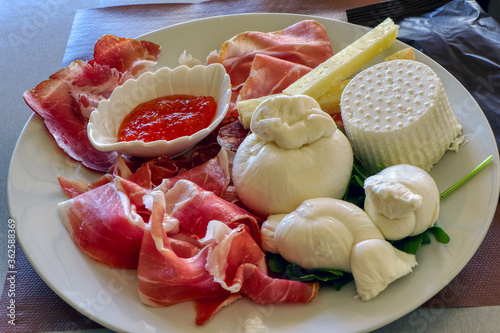 Cured meat and cheese plate typical of Lucania, Basilicata, Italy