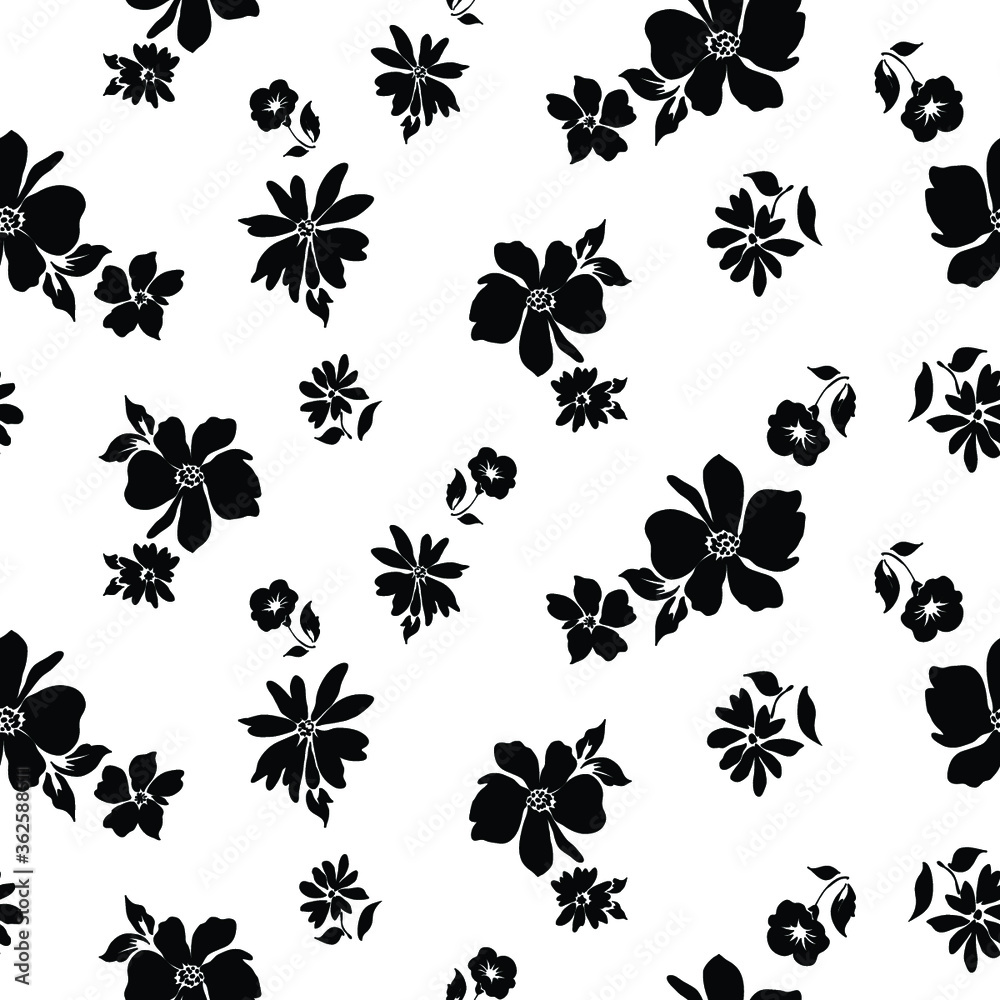 Tiny flowers seamless pattern, vector, black and white Tiny flowers seamless pattern, vector, black and white
