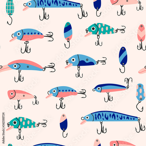 Various Fishing Lures. Different Spoons, Wobblers: crank, popper and minnow. Hand drawn colored Vector illustration. Seamless pattern. Background, wallpaper. Square repeating design