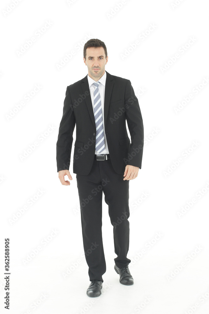 Handsome and smart businessman in black suit isolated on white background. Business and Finance concept. Copy Space Handsome and smart businessman in black suit isolated on white background. Business and Finance concept. Copy Space