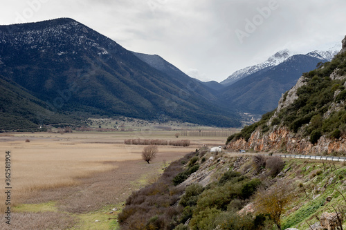 Mountain valley in the evening in winter