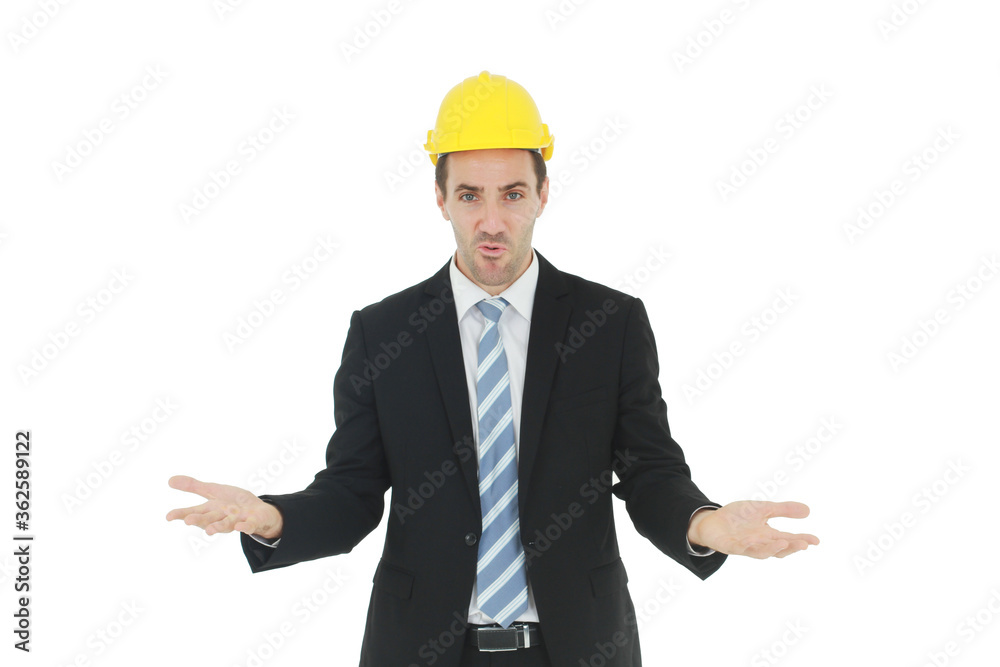 Handsome and smart engineer in black suit and wearing a yellow safety engineering hat and Spread hands for suspicious in work isolated on white background. Copy Space Handsome and smart engineer in black suit and wearing a yellow safety engineering hat and Spread hands for suspicious in work isolated on white background. Copy Space