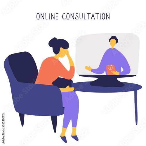 Woman sitting in chair in front of computer and talking to psychologist online. Remote psychological help, psychiatrist consulting patient. Mental health care and treatment. Vector illustration