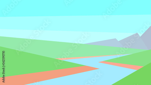 vector illustration, abstract landscape, mountain, river, clear sky, riverbank