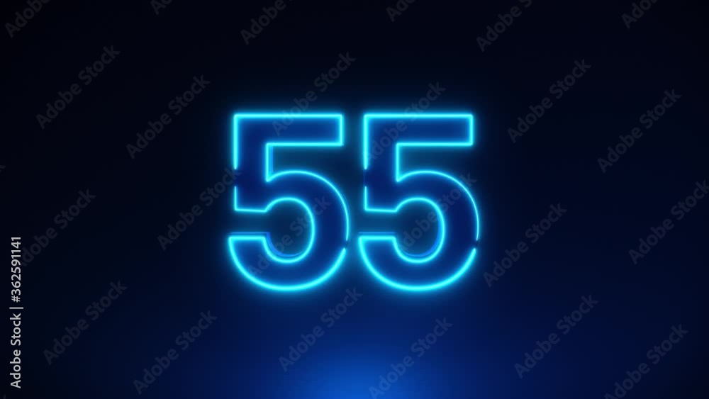 Blue Neon Light 60 Seconds Countdown on black background. Running dynamic light. Timer from 60 to 0 seconds. 1 minute countdown. 30 or 10 seconds. Big 3D Numbers animated for intros