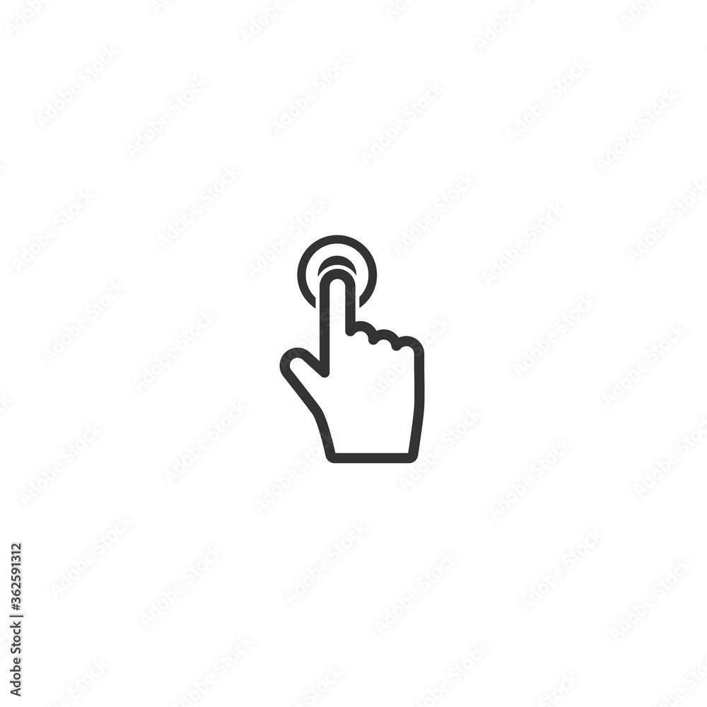 Click or push the button pictogram. Black pointing hand with red button. isolated on white. Click or push the button pictogram. Black pointing hand with red button. isolated on white.
