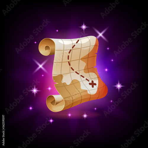Pirate treasure map graphic user interface icon, dark background. Adventure video game or mobile app pictogram. Vector illustration, cartoon style