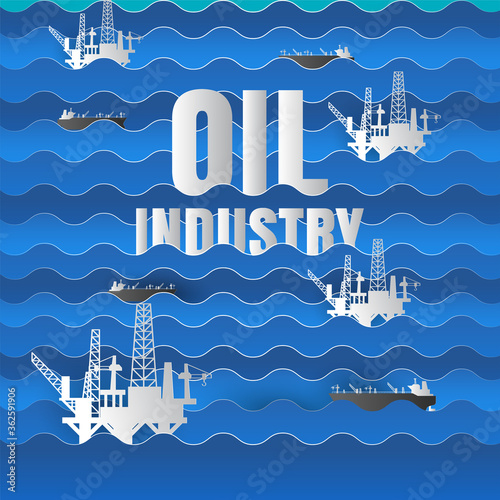 drilling rig for oil production platform in offshore paper art. vector illustration