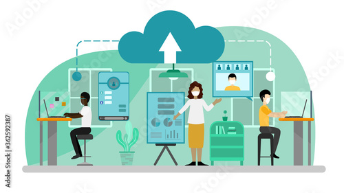 Vector illustration concept of New normal in working space at work place. Creative flat design for web banner, marketing material, business presentation, online article .