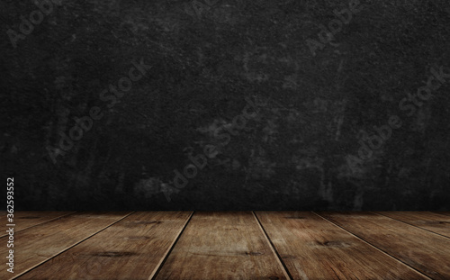 Old wood table top and dark wall background 3d illustration