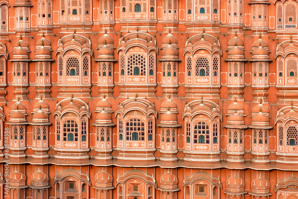 Famous Rajasthan Indian landmark - Hawa Mahal palace (Palace of the Winds) facade, Jaipur, Rajasthan, India