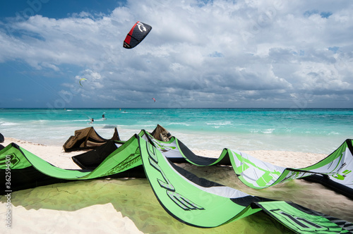Mamitas beach in Playa del Carmen, Mexico, before the celebration of a kite surfing competition-in the background the Caribbean sea and surfers