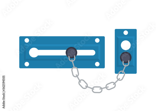Metal door chain. Steel safety hardware. Vector illustration in flat style on white background.