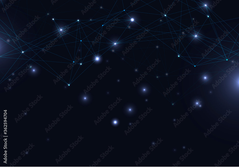 Fototapeta premium Abstract vector glowing bright molecules with dots and lines on blue background