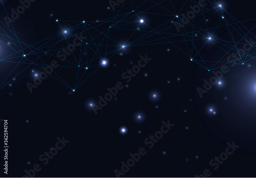Abstract vector glowing bright molecules with dots and lines on blue background