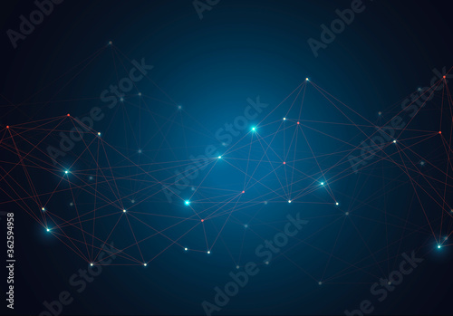 Abstract vector glowing bright molecules with dots and lines on blue background